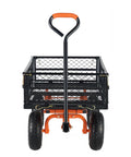 Front view of Heavy Duty Steel Garden Dump Cart That Hauls Big Loads With Eight Hundred Eighty Pound Capacity and Pull Handle