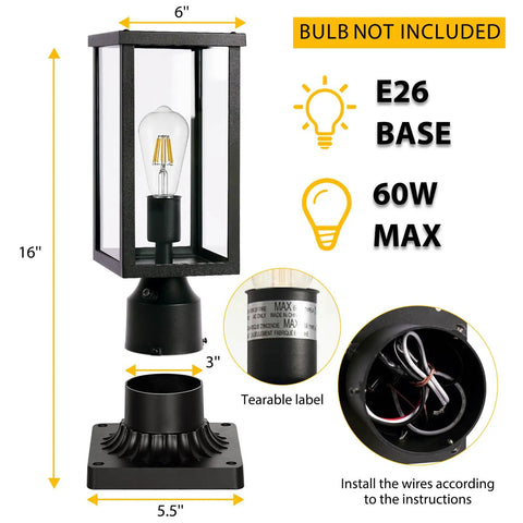 Outdoor Post Light Auto On Sensor 120V Aluminum Waterproof Lantern with E26 base and pier mount, dimensions labeled, bulb not included