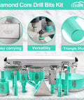 LEKOMESH Diamond Core Drill Bits Kit with triangle shank; turquoise bits and metal case, front view