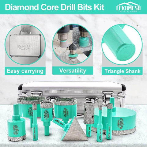 LEKOMESH Diamond Core Drill Bits Kit with triangle shank; turquoise bits and metal case, front view