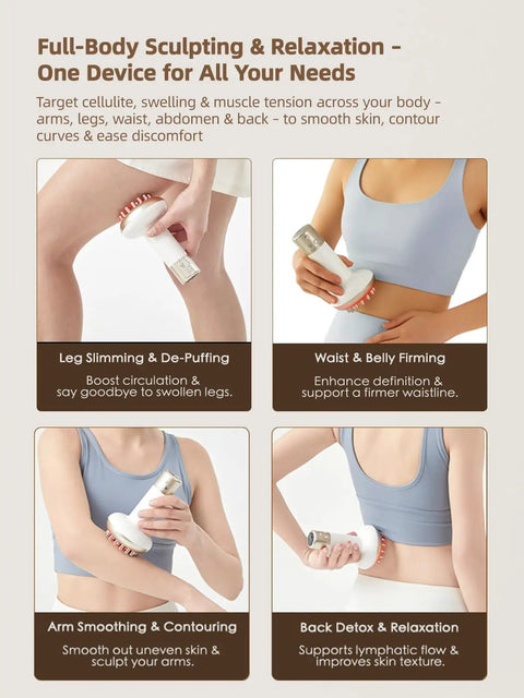 Woman using Home Spa Lymphatic Drainage Massager With Microcurrent Light Heat And Vibration For Legs Arms And Belly
