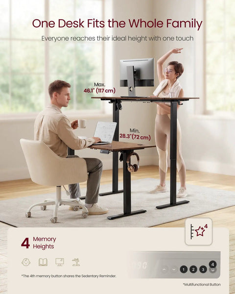 VASAGLE Electric Standing Desk, Height Adjustable Office Table With Memory Presets for ergonomic ease, shown at varying heights.
