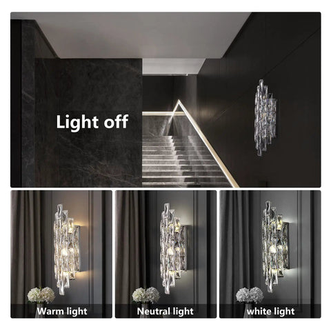 Crystal Chrome Wall Sconces for Living Room Bedroom Bathroom Hallway Staircase Lighting Indoor Vanity Wall Mount Lamps with Clear K9 Crystals for a Lit Modern Ambience shown in warm, neutral, and white light options