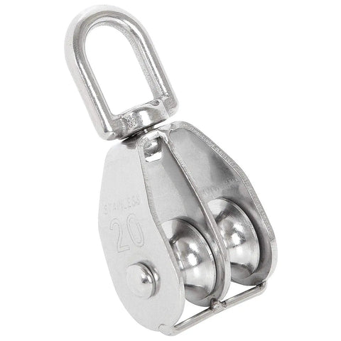 M20 Lifting Double Pulley Block Set Stainless Steel Beefy Heavy Duty Crane Swivel Hook With Double Pulley Roller close-up view