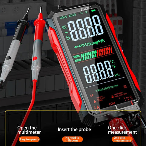 True RMS 6000-Count Digital Voltmeter And USB Rechargeable Auto Ranging Multimeter with probes, large display showing readings.