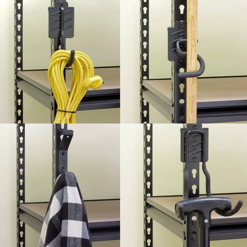 Boltless Shelving Hook Organizer Kit 7 Pieces Adjustable Storage Hanging Accessories for 1.5 Inch Keyhole Rack in use