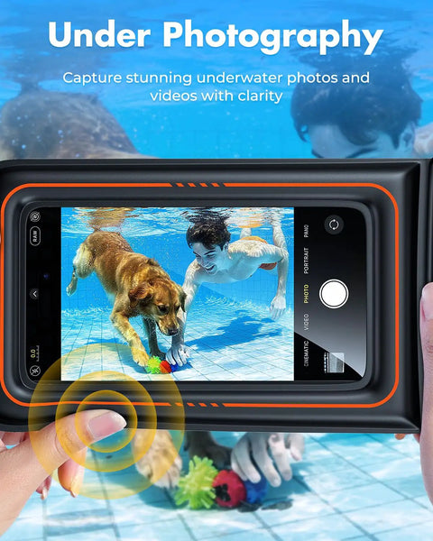 Floating Waterproof Phone Pouch 2 Pack IPX8 Dry Bag Case used to capture underwater photos of dog and person in pool