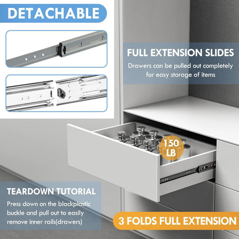 Heavy Duty Drawer Slides With 150 Lb Load Capacity Side Mount Ball Bearing Full Extension Runner shown in a cabinet