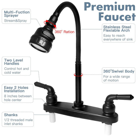 Heavy Duty Rv Kitchen Faucet Built Tight For Campers And Vans Smooth Turning 360 Head with black finish and dual handles.