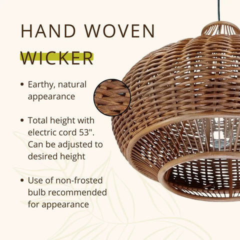 Hand-woven wicker detail of a rustic-modern pendant light with bamboo ball design, part of Wicker Pear Pendant Light with Bamboo Ball Design.