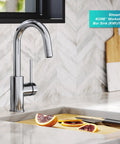 Oletto Single Handle Kitchen Bar Faucet In Chrome Finish, 12 1/4 Inch Height, installed in modern kitchen with cut fruit