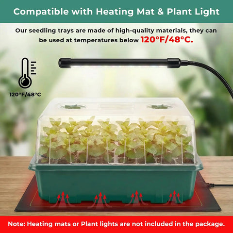 Two Pack Self Watering Seed Starter Tray Kit With 96 Cells Humidity Vented Domes And Tall Lid For Indoor Seed Germination With Capillary Mat, shown with young seedlings under a plant light on a heating mat.