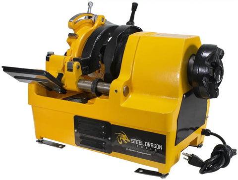 Heavy Duty Workhorse Power Pipe Threader Machine With Self Oiling Die Head, yellow and black, for plumbing, includes cutter and reamer.