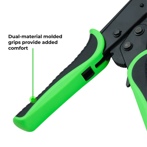 Close-up of Workhorse Heavy Duty Ratcheting Wire Crimper For Stranded Copper Cable showing ergonomic dual-material grips.