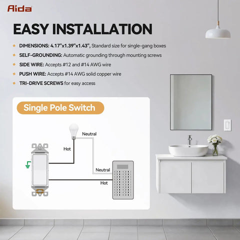 Diagram of 20 Pack White Single Pole Rocker Light Switches self grounding with wiring details over bathroom setup.