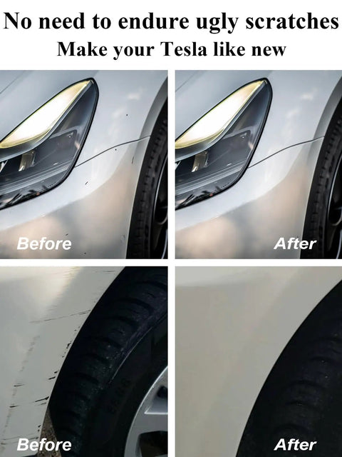 Before and after using Pearl White Touch Up Paint Pen For Tesla Model Y 3 X S 0.4 Oz 2 In 1 Automotive Scratch Repair Kit