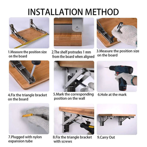 Installation guide for Heavy Duty Folding Shelf Brackets Stainless Steel Wall Mounted 15.6 Inch Load 551 Lbs