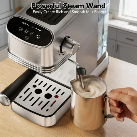 Knock Out Barista Level Shots With This 20 Bar Semi Automatic Espresso Machine Featuring Stainless Steel Build And Steam Wand For That Smooth Daily Brew That Hits Different Today with a steam wand and frothing pitcher.