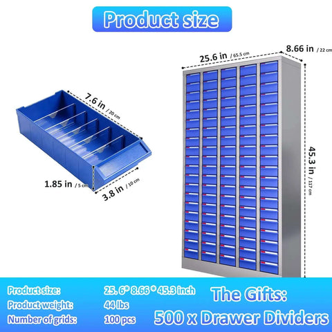 Heavy Duty 100 Drawer Parts Cabinet With Adjustable Dividers And Labels, steel organizer for garage and workshop.
