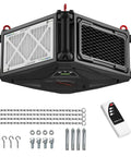 270 Degree Intake Air Filtration System For Woodworking Shops And Garages Ceiling Mounted Dust Collector With Remote Control 780 CFM 2 Speed Hanging Design Pro Grade Heavy Duty Debris Capture, showing ceiling unit with remote and installation hardware