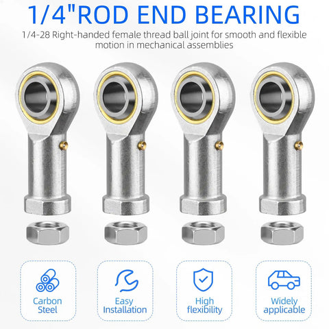 Heavy Duty PHSB4 Rod End Bearing One Quarter Inch Bore One Quarter Twenty Eight Right Hand Thread Chrome Plated Steel Build Rock Solid For Steering And Suspension Built To Take A Beating With Jam Nuts Included, featuring four ball joints in carbon steel.