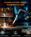 24pcs Plasma Cutting Torch Consumables Kit With Heat Resistant Copper Electrodes And Hafnium Tip Plus Stainless Steel Nozzles For Durable IPT40 Cutter Performance in use, showing plasma cutting action.