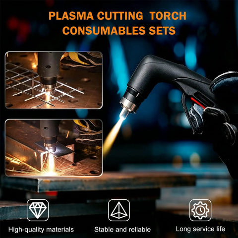 24pcs Plasma Cutting Torch Consumables Kit With Heat Resistant Copper Electrodes And Hafnium Tip Plus Stainless Steel Nozzles For Durable IPT40 Cutter Performance in use, showing plasma cutting action.
