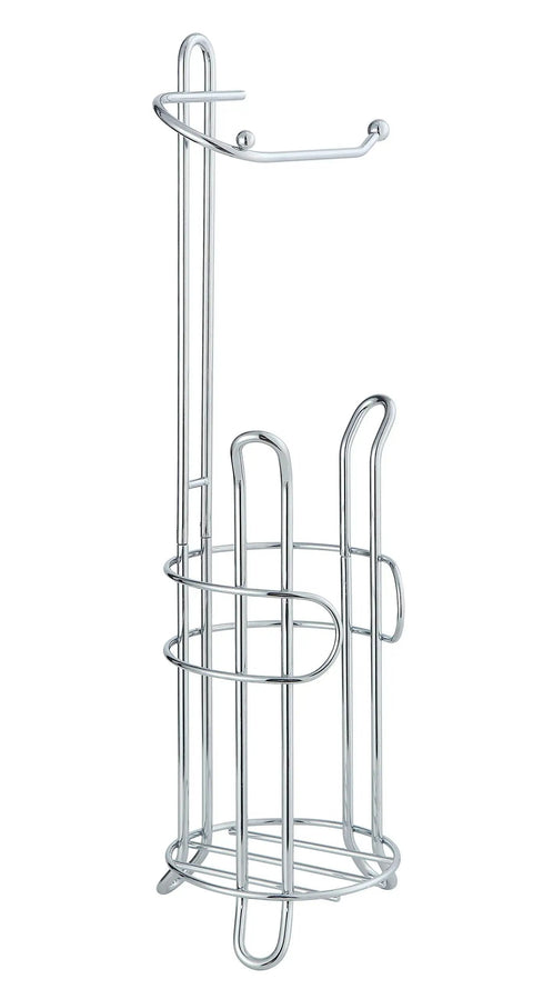 Freestanding Toilet Paper Holder With Storage Holds Three Spare Rolls Heavy Duty Steel Chrome Finish Easy Assembly Space Saving Bathroom Organizer No Fuss Setup, tall view.