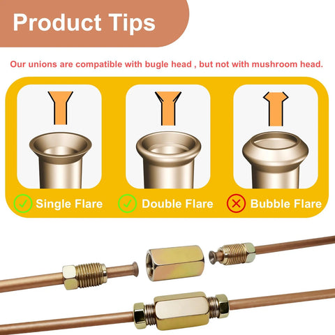 Front view of copper brake line replacement kit with two tubes, brass fittings and unions; shown with flare-type diagram