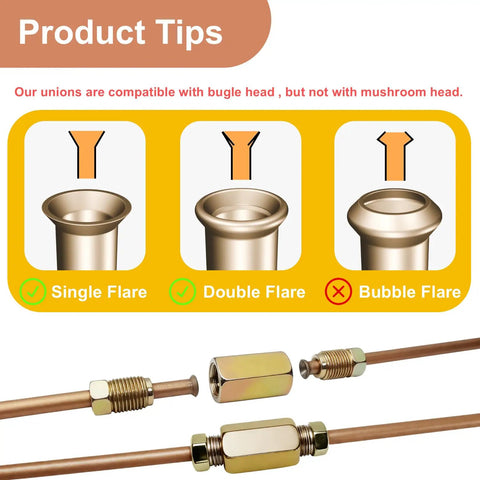 Heavy Duty Three Sixteenth Inch Copper Coated Brake Line Replacement Kit With Alloy Steel Tubing 25 Feet, 16 Nuts And 4 Unions, Easy Bend illustration showing flare compatibility