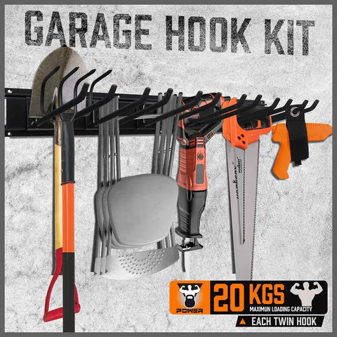 Garage Hook Kit displaying tools like shovel, chairs, saw, and drill on a wall mounted rack.