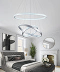 Lit Modern LED Ceiling Chandelier With Acrylic Crystal Pendant, Adjustable 3 Ring Design, Bedroom Setting, 6000K Silver Finish
