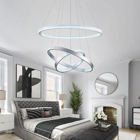 Lit Modern LED Ceiling Chandelier With Acrylic Crystal Pendant, Adjustable 3 Ring Design, Bedroom Setting, 6000K Silver Finish