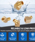 Four Pack 45 Degree Street Elbows Quarter Inch NPT Female To Quarter Inch NPT Male Brass Barstock Fittings with water splash.