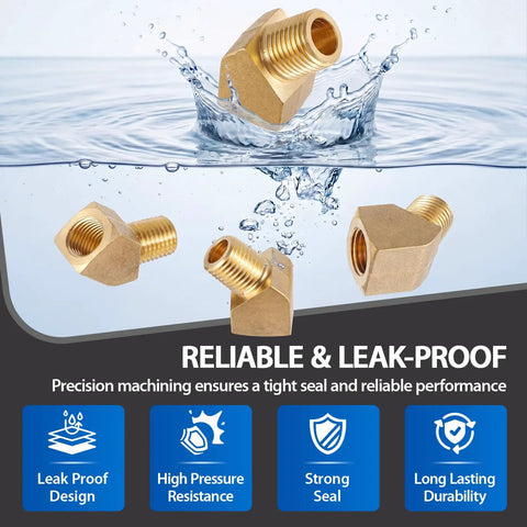 Four Pack 45 Degree Street Elbows Quarter Inch NPT Female To Quarter Inch NPT Male Brass Barstock Fittings with water splash.