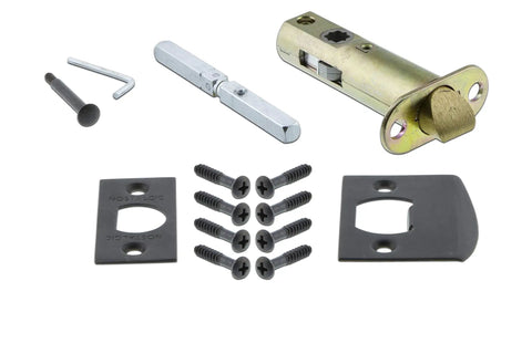 Components of New York Plate Privacy Door Lock Set With White Porcelain Knob And Keyhole, Two And Three Eighths Backset, Oil Rubbed Bronze Finish.