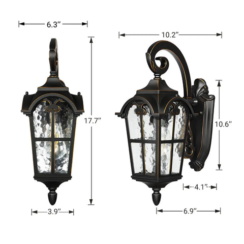 Vintage Black Outdoor Wall Lantern With Water Ripple Glass 17.7 Inch Exterior Sconce Waterproof And Anti Rust Porch Light dimensions
