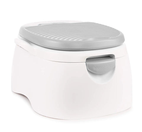 The Real Deal Toddler Potty Training Chair 3-In-1 Potty Seat With Step Stool Plus Arm And Hammer Deodorizing Disc Gray removable bowl shown at an angle.