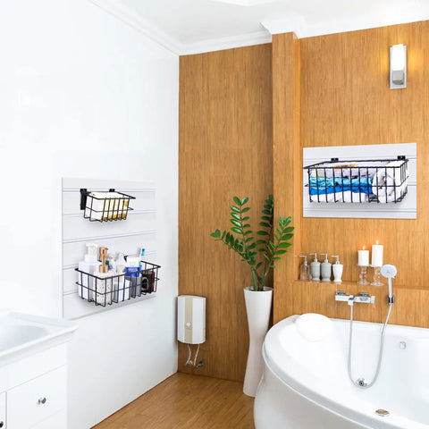 Bathroom with installed Four Piece Large Slatwall Baskets Set Ventilated Metal Pegboard Baskets for PVC Slatwall Panels Hangin Storage
