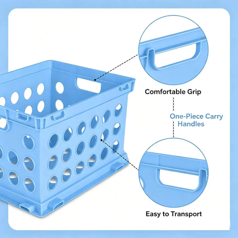 Detailed view of Top Rated Hassle Free Breezy Blue Stackable Plastic Storage Bin with full grip handles, showcasing comfort for easy transport.