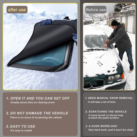 All Season Magnetic Windshield Cover For Ice And Snow, Universal Fit For Cars, SUVs, And Trucks, Includes Side Window And Rearview Mirror Protector, Heavy Duty Waterproof Frost Guard For Year Round Protection, contrasting before and after use.
