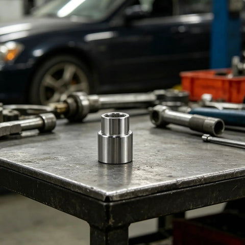 Steel Bottle Jack Lift Extension Adapter 1.38 Inch Height For Car Lifts And Trucks on a workshop table, silver finish