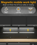 Magnetic mobile work light with 22-inch lamp length and USB power cable, shown above a workspace setup.