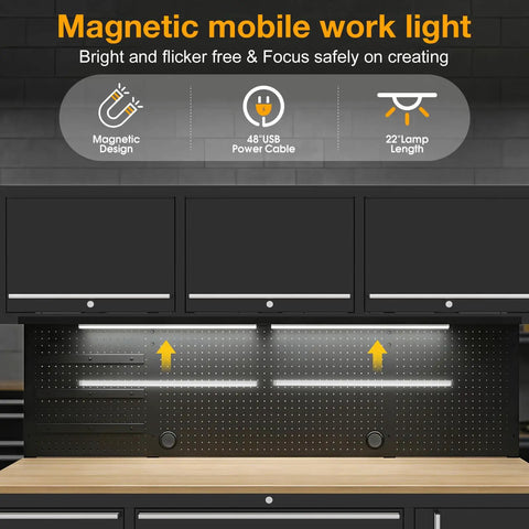 Magnetic mobile work light with 22-inch lamp length and USB power cable, shown above a workspace setup.