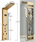 Rock Solid Matte Black Shower System With Ceiling Rainfall Head And Hand Sprayer Featuring Soft LED Glow and Air Injection Valve visible dimensions and components.