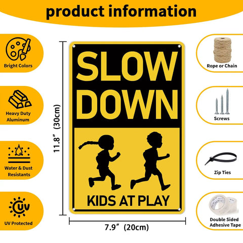 Slow Down Kids At Play Road Sign For Neighborhoods, Aluminum Weatherproof Safety Plaque, 12 by 8 Inches, High Visibility