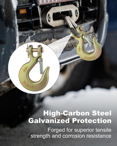 Heavy Duty One Quarter Inch Chain Hooks Set Four Clevis Slip Hooks With Safety Latch Grade 70 Forged Steel attached to vehicle