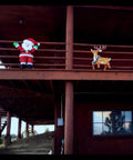 Santa Claus and reindeer decorations on a brown wooden balcony, showcasing festive holiday spirit.