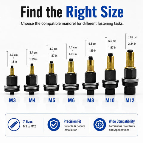 Mandrels for Pro Grade Carbon Steel Rivet Nut Tool Kit With Sixty Press In Thread Inserts, sizes M3 to M12.