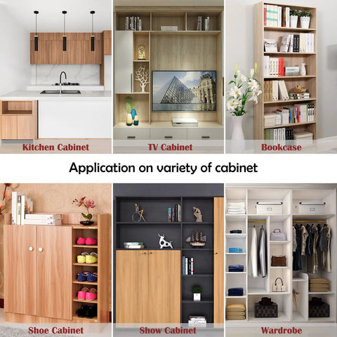 Various cabinet types showcasing 5mm Shelf Support Pegs 50 Pack With Hole L Shaped Nickel Plated Pins for cabinets, bookshelves, and closets.